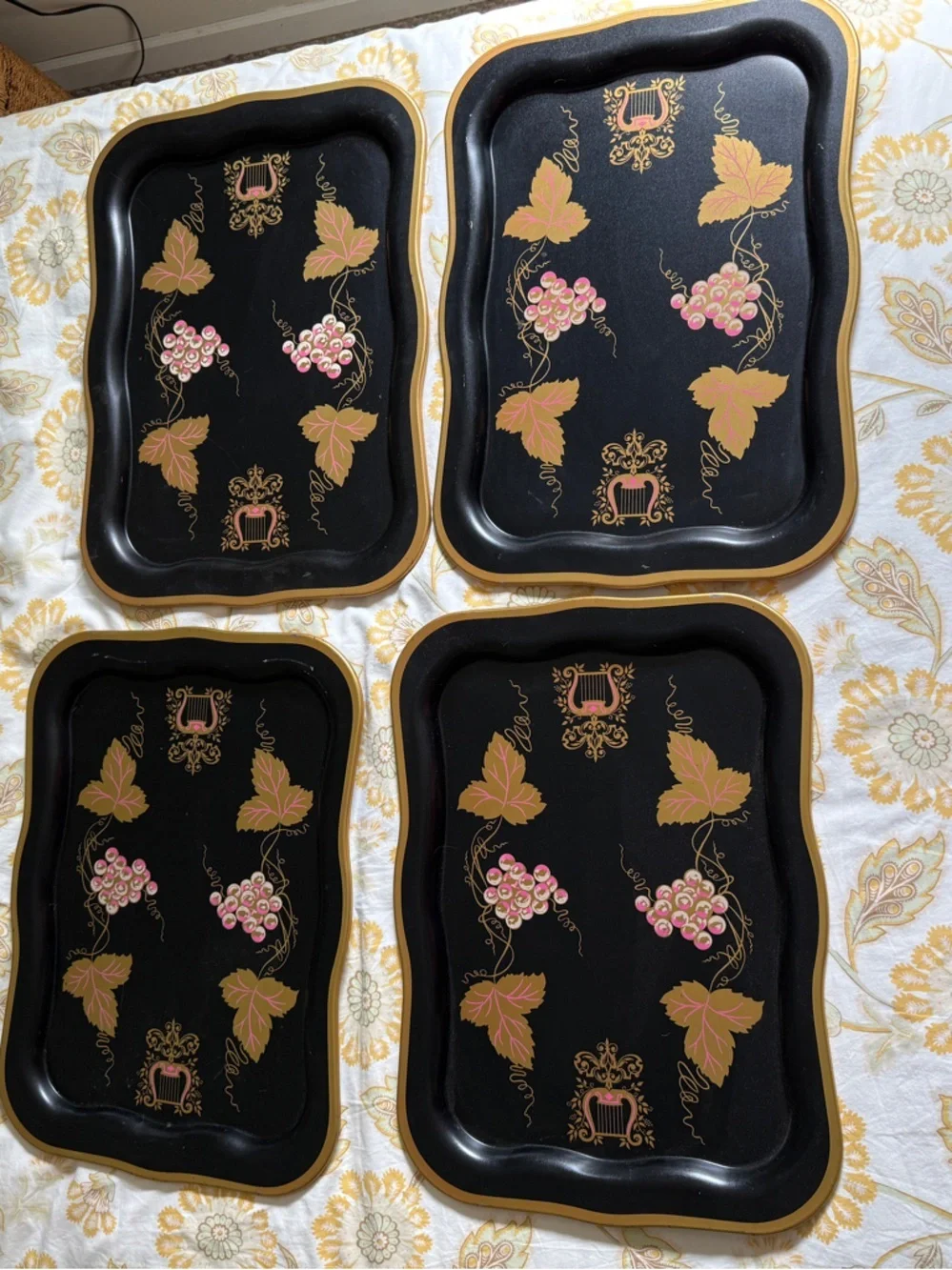 Vintage Trays set of 4 Large Black Floral Tole Metal Hand Painted Toleware Trays